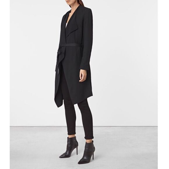 ALL SAINTS Iza Draped Waterfall Wrap Coat Black Belted Side Slit Minimalist - Picture 2 of 3